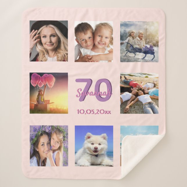 70th birthday rose gold blush pink photo collage sherpa blanket (Front)