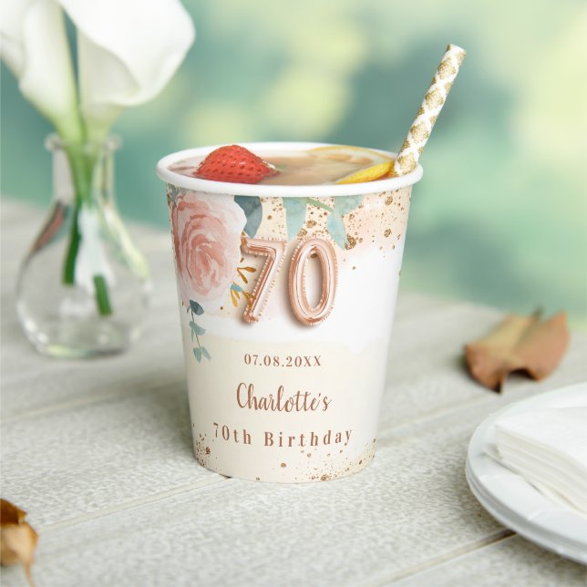 70th birthday rose gold florals elegant paper cups (Insitu)