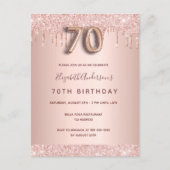 70th birthday rose gold glitter blush invitation postcard (Front)