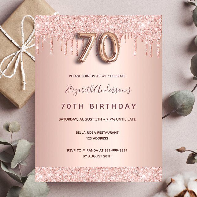 70th birthday rose gold glitter blush invitation postcard