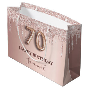 70th birthday rose gold glitter pink balloon style large gift bag