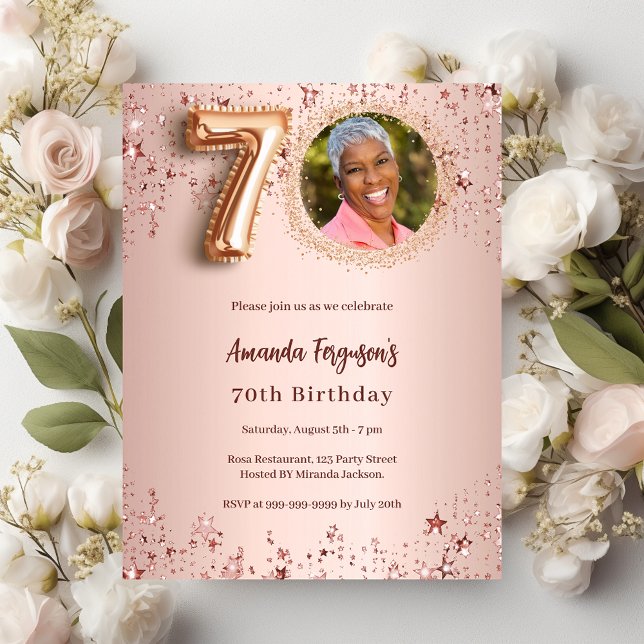 70th Birthday rose gold photo stars Invitation Postcard (Creator Uploaded)