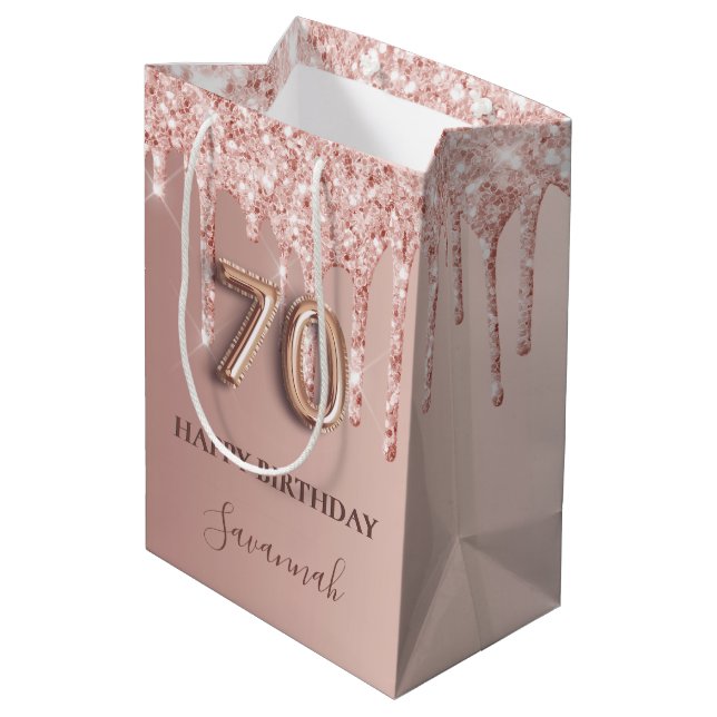 70th birthday rose gold pink drips medium gift bag (Back Angled)