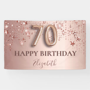 70th birthday rose gold pink stars balloon script banner