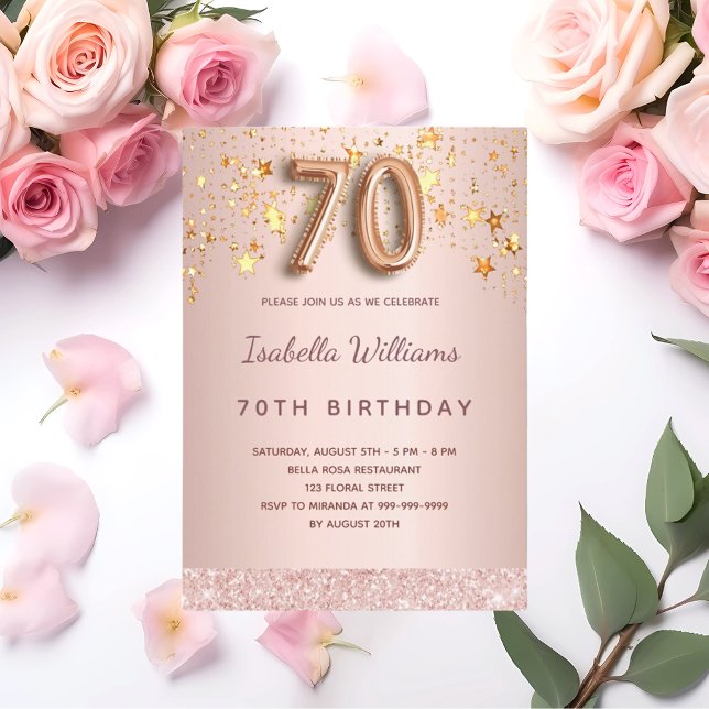 70th birthday rose gold pink stars balloon script invitation (Creator Uploaded)