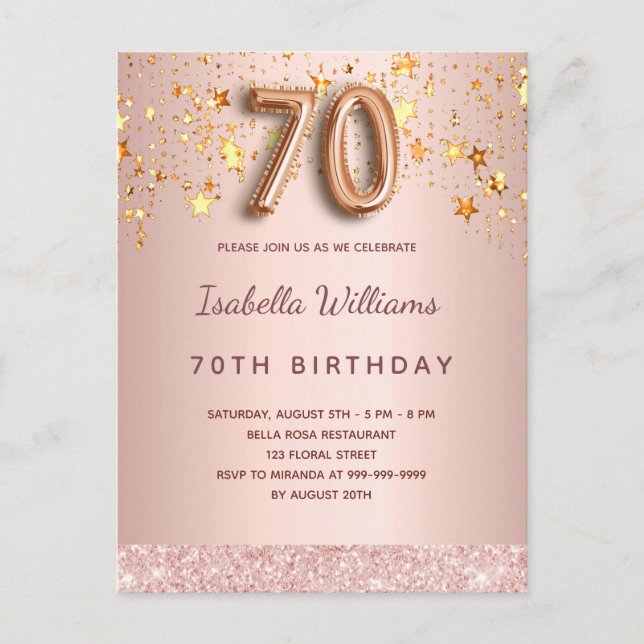 70th birthday rose gold pink stars balloon script postcard (Front)