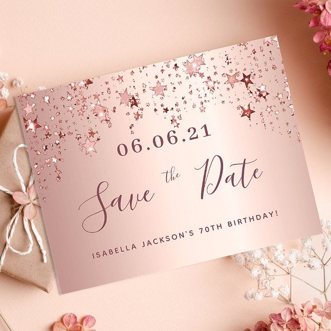 70th birthday rose gold stars save the date postcard (Creator Uploaded)
