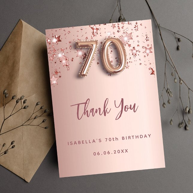 70th birthday rose gold stars thank you card (Creator Uploaded)