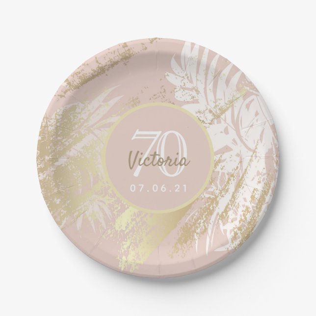 70th birthday rose gold tropical palm tree leaves paper plate (Front)