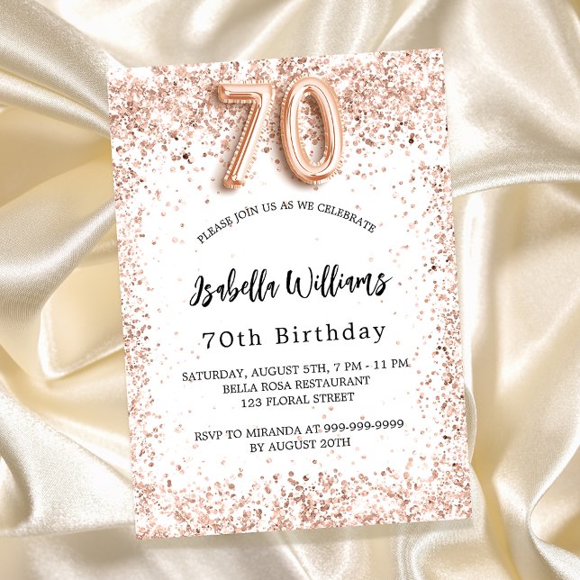 70th birthday rose gold white elegant invitation postcard (Creator Uploaded)