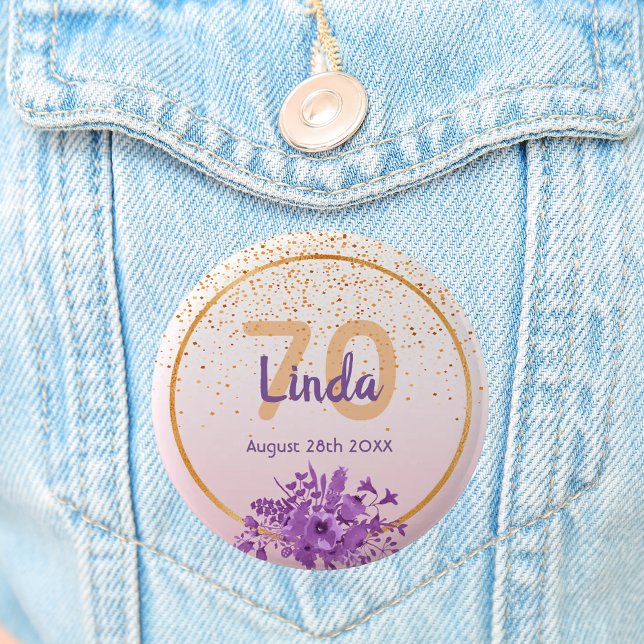 70th birthday rose gold with confetti and flowers 6 cm round badge (Creator Uploaded)
