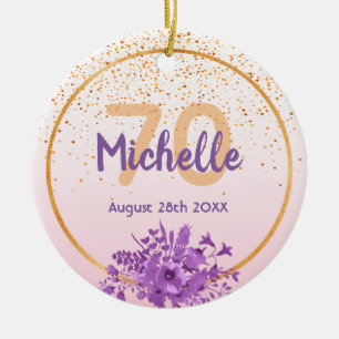 70th birthday rose gold with confetti and flowers ceramic ornament
