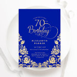 70th Birthday Royal Blue Gold Roses Invitation<br><div class="desc">Royal blue gold elegant 70th birthday party invitation. Classy design featuring roses,  faux gold foil and typography script font. Trendy invite card perfect for a stylish female bday celebration. Personalise with your own details. Can be customised to any age. Printed Zazzle invitations or instant download digital printable template.</div>