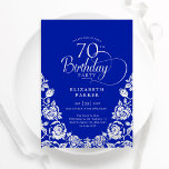 70th Birthday Royal Blue Silver Roses Invitation<br><div class="desc">Royal blue silver elegant 70th birthday party invitation. Classy design featuring roses,  faux silver foil and typography script font. Trendy invite card perfect for a stylish female bday celebration. Personalise with your own details. Can be customised to any age. Printed Zazzle invitations or instant download digital printable template.</div>