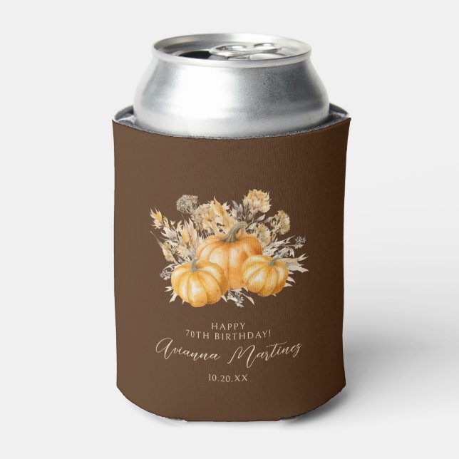 70th Birthday Rustic Boho Pumpkin Fall Foliage Can Cooler (Can Front)