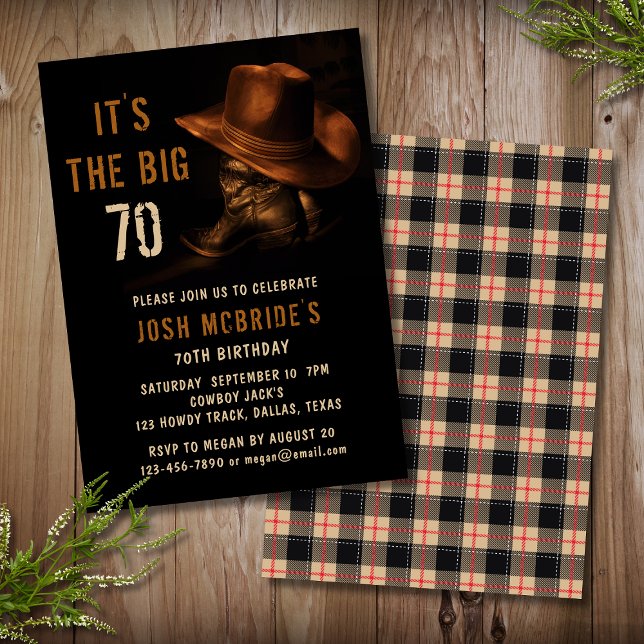 70th Birthday Rustic Cowboy Country Hat Boots Invitation (Creator Uploaded)