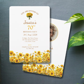 70th Birthday Rustic Sunflower Floral Photo Invitation