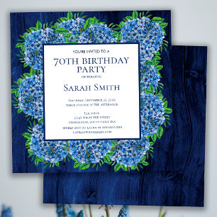 70th Birthday Rustic Wood Blue Hydrangeas Party Invitation
