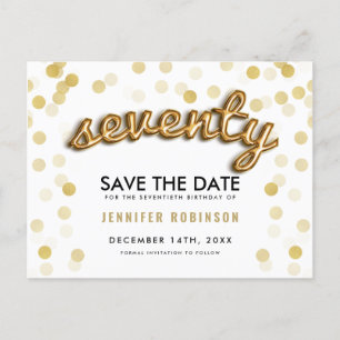 70TH Birthday Save The Date Gold Balloons Glitter Announcement Postcard