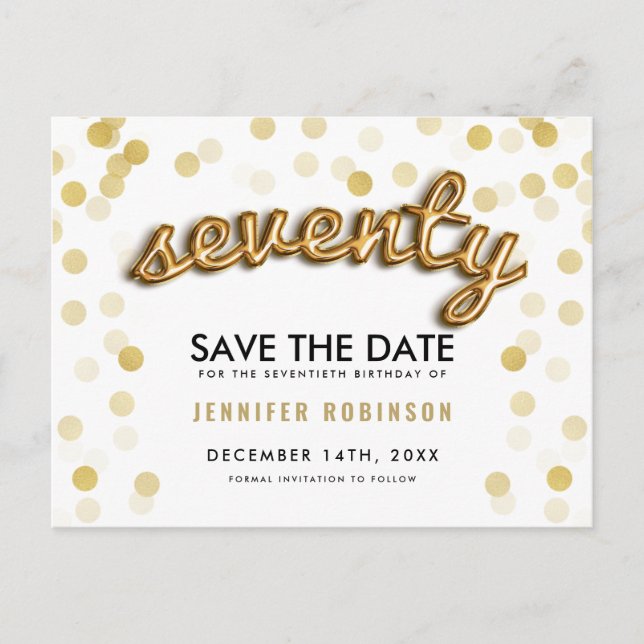 70TH Birthday Save The Date Gold Balloons Glitter Announcement Postcard (Front)