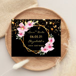 70th birthday Save the Date tropical black stars Postcard<br><div class="desc">A Save the date card for a tropical under the stars themed 70th birthday party. On front: Trendy tropical style. With a faux gold geometric frame decorated with pink hibiscus, flowers tropical florals with some greenery. A chic black background and golden stars. Templates for a name and date. Golden letters....</div>