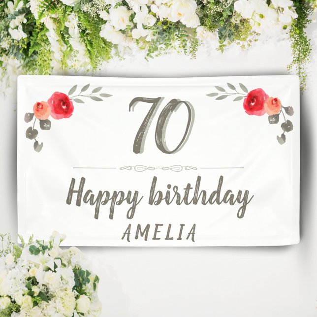 70th Birthday Script Watercolor Rose Floral Party Banner (Creator Uploaded)