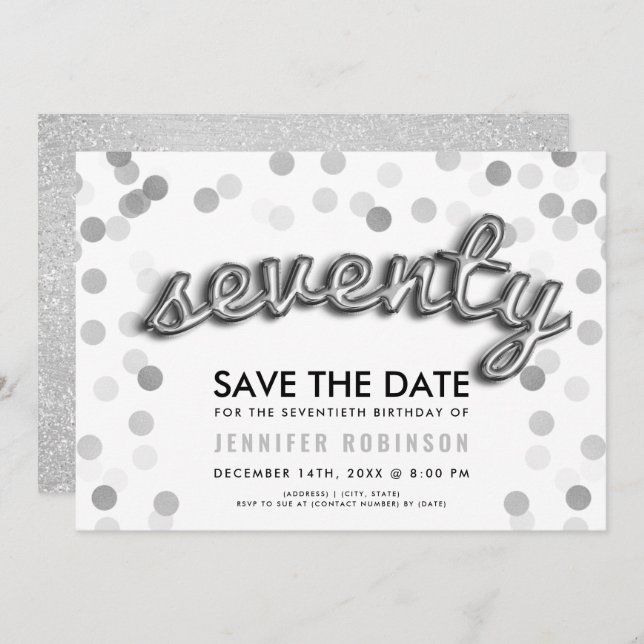 70th Birthday Silver Balloon Glitter Save The Date Invitation (Front/Back)