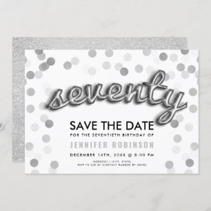 70th Birthday Silver Balloon Glitter Save The Date Invitation