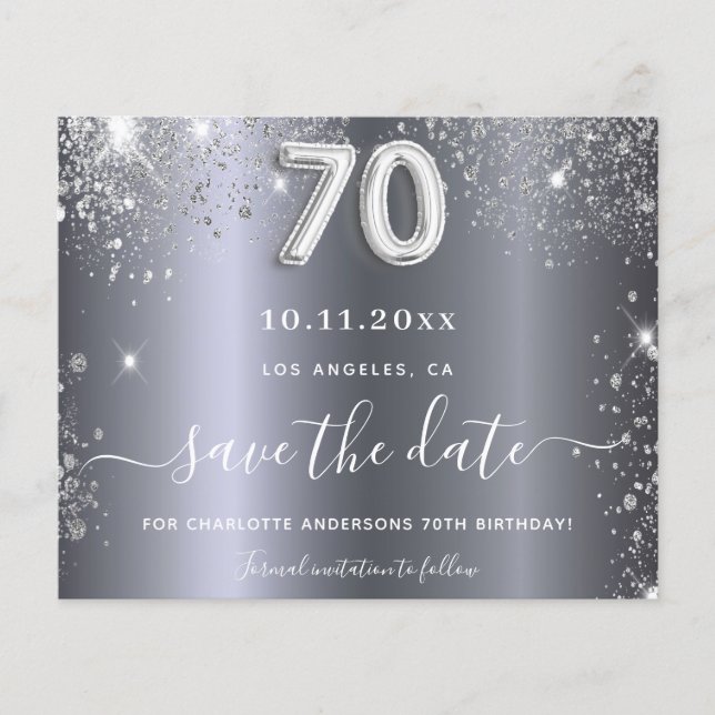 70th birthday silver glitter budget save the date flyer (Front)