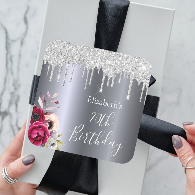 70th birthday silver glitter burgundy monogram square sticker (Creator Uploaded)