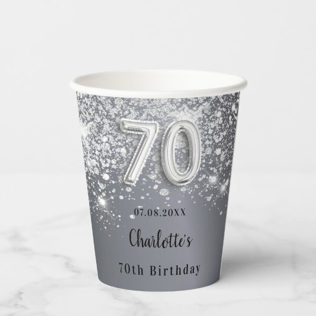 70th birthday silver glitter dust monogram paper cups (Back)