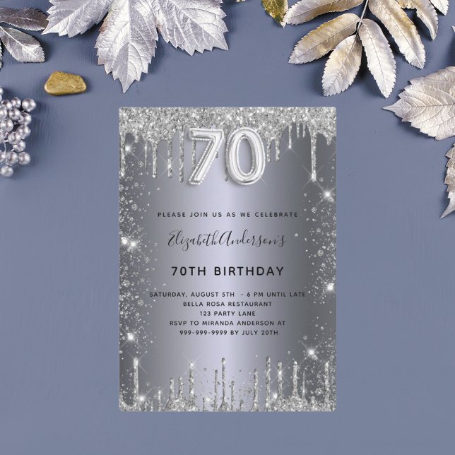70th birthday silver metal glitter dust glam invitation (Creator Uploaded)