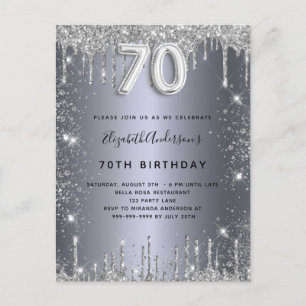 70th birthday silver metal glitter dust glam invitation postcard