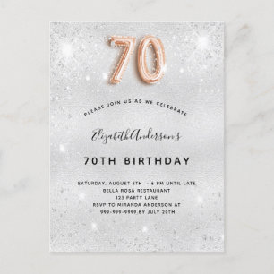 70th birthday silver metal rose gold glitter invitation postcard