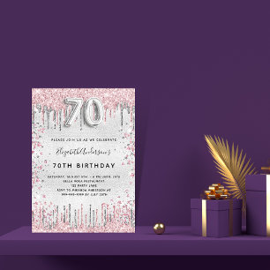 70th birthday silver pink glitter glamourous invitation