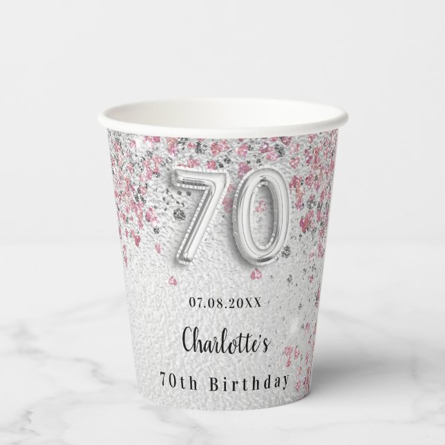 70th birthday silver pink glitter name paper cups (Back)