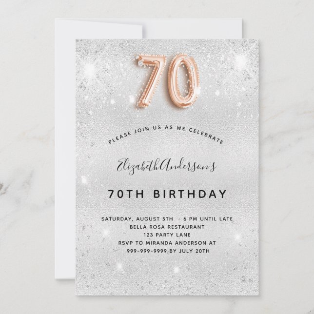 70th birthday silver rose gold sparkles invitation (Front)