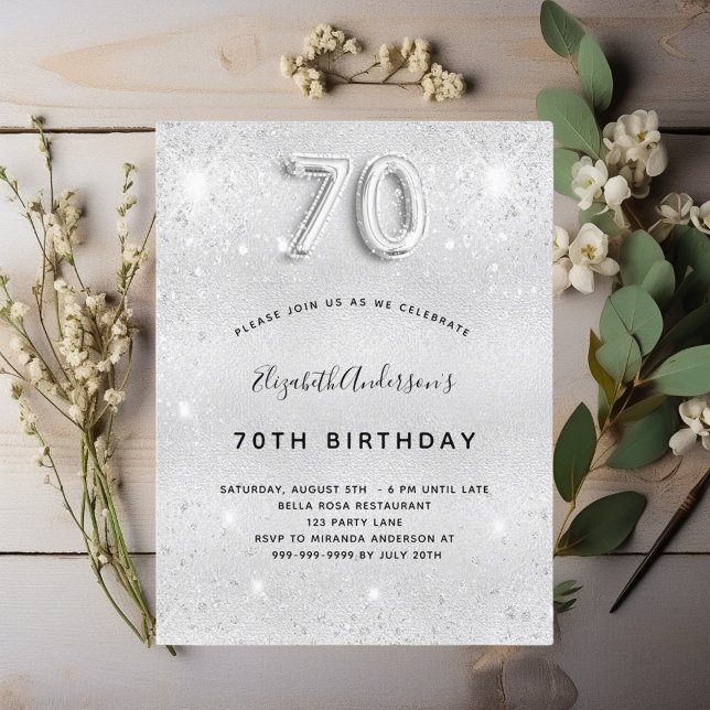 70th birthday silver sparkles invitation postcard (Creator Uploaded)