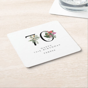 70th Birthday Simple Elegant Tropical Invitation Square Paper Coaster