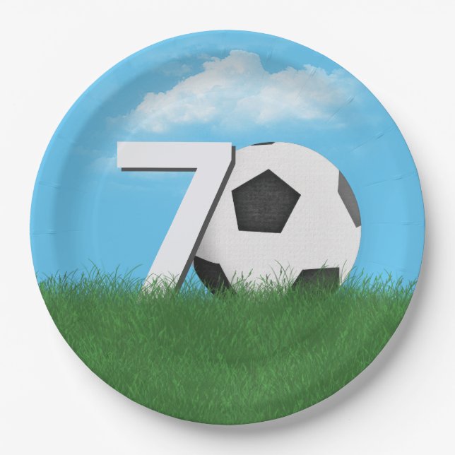 70th Birthday Soccer Ball In Green Grass Paper Plate (Front)