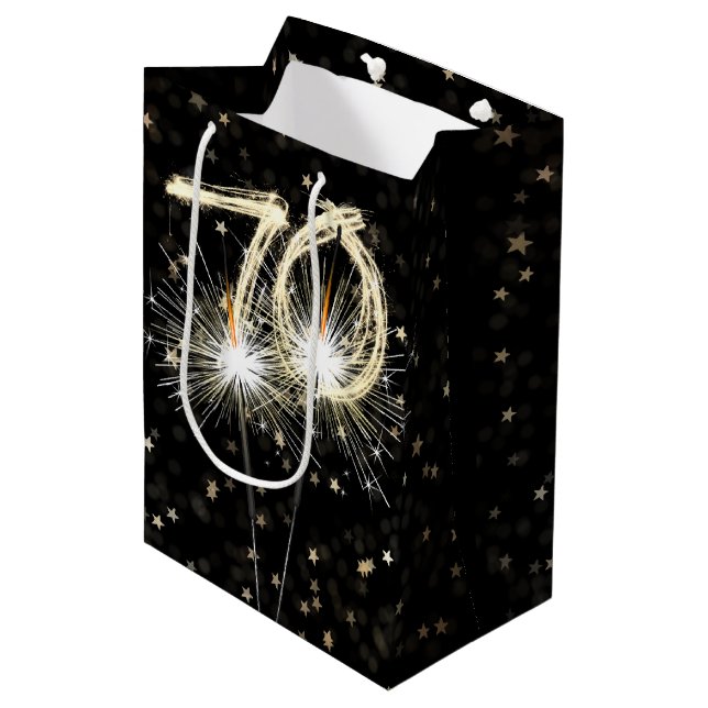 70th Birthday Sparklers on Black With Stars Medium Gift Bag (Front Angled)