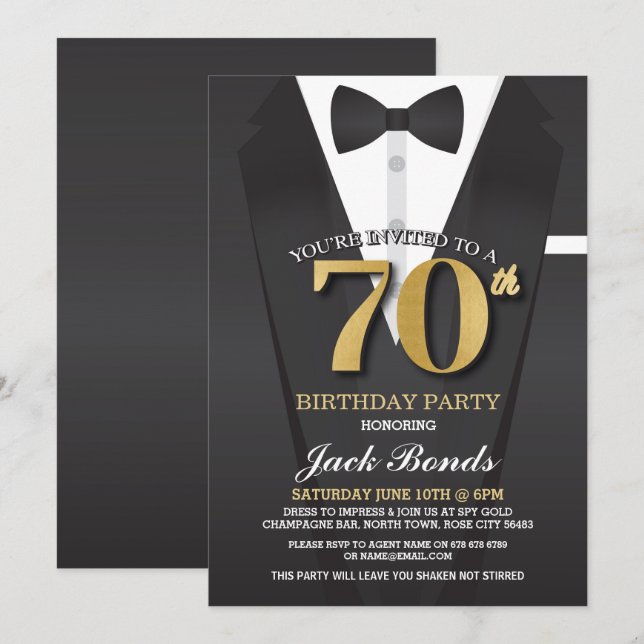 70th Birthday Spy Suit Black tie Gold Invitation (Front/Back)