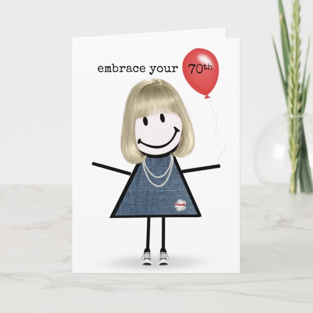 70th Birthday Stick Figure Girl with Red Balloon Card (Front)