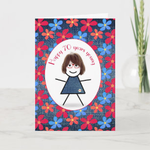 70th Birthday Stick Girl and Daisies On Denim Card