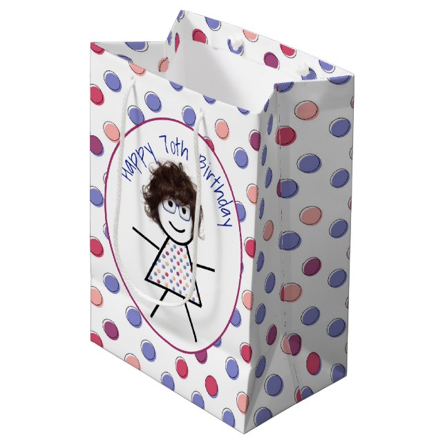 70th Birthday Stick Girl on Polka Dots  Medium Gift Bag (Front Angled)
