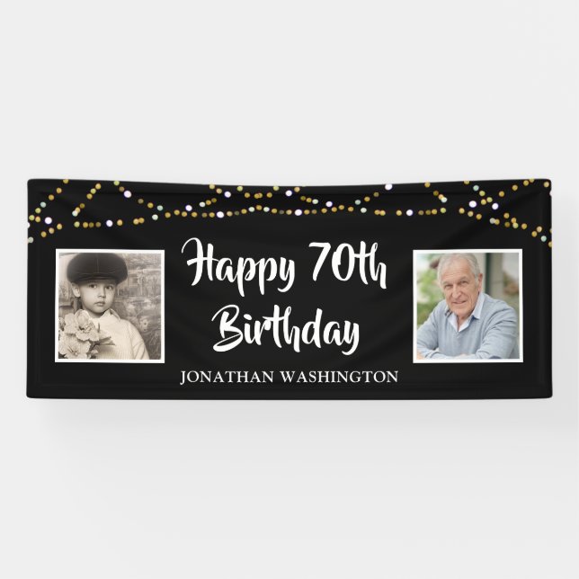 70th Birthday String Lights Photo Black Banner (Horizontal)