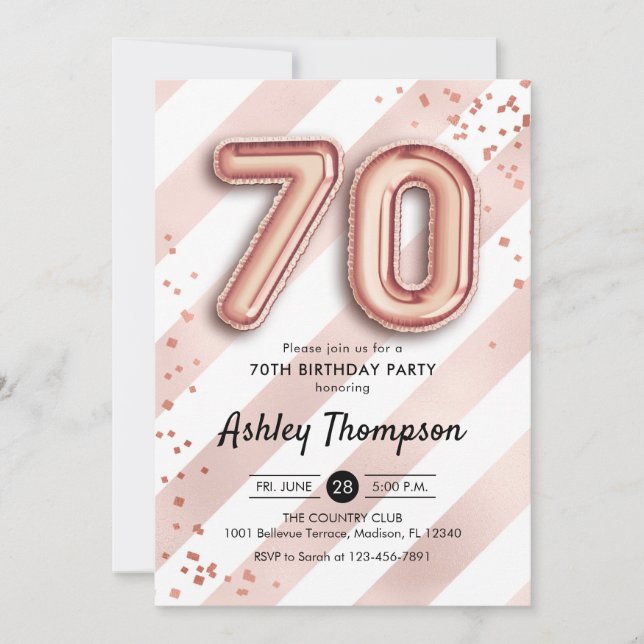 70th Birthday - Stripes Rose Gold Balloons Invitation (Front)