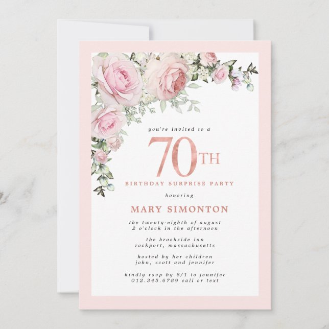  70th Birthday Surprise Party Blush Pink Floral Invitation (Front)