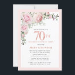 70th Birthday Surprise Party Blush Pink Floral Invitation<br><div class="desc">Honour a special woman with this elegant and feminine 70th Birthday surprise party invitation. 70th is written in large pink text. Birthday Surprise Party follows. The honoured guest's name is also in pink capital letters. Blush pink roses and sage green leaves create a beautiful floral spray at the top. While...</div>