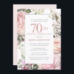70th Birthday Surprise Party Blush Pink Floral Invitation<br><div class="desc">Honour a special woman with this elegant and feminine 70th Birthday Surprise Party invitation. 70th is written in large pink text. Birthday Surprise Party celebration follows. The honoured guest's name is also in pink capital letters. The remainder of the text is soft dove grey. The birthday celebration details are surrounded...</div>